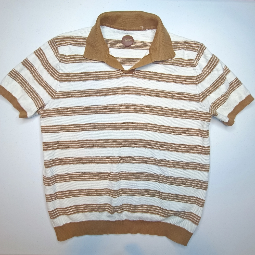 Common People Fry Knitted Polo Shirt Tan Brown Stripe Size S Cotton Preppy